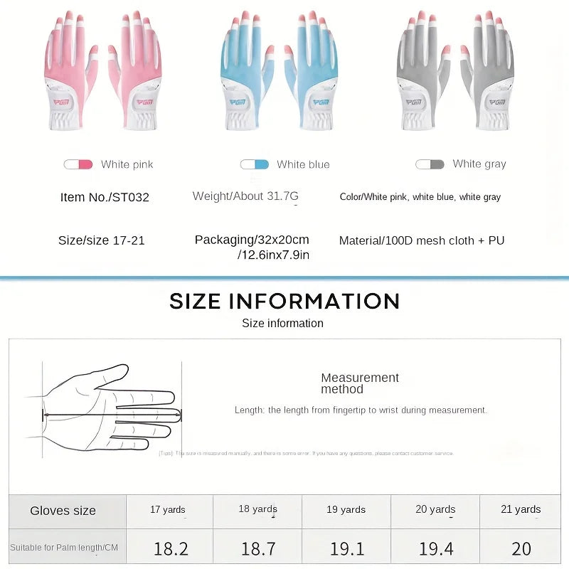 PGM 1 Pair Women'S Open Finger Golf Gloves Breathable Mesh PU Sunscreen Finger Cover Left and Right Hand ST032